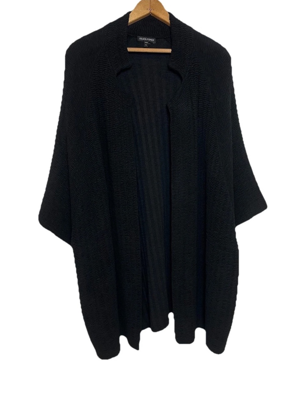 Eileen Fisher Silk Blend Crinkle Open Cardigan Black Half Sleeve Kimono